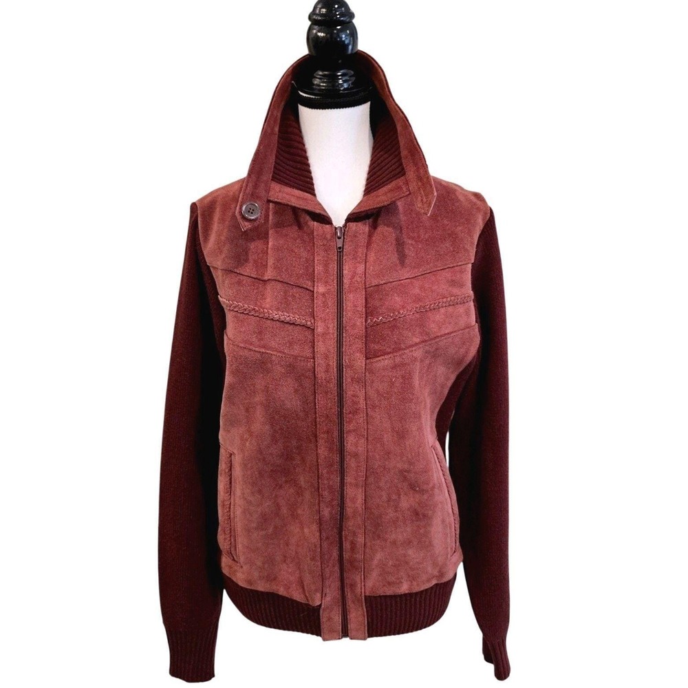 Vtg 1970s Rene de France Burgundy Suede Front Knit Sweater Jacket Womens S Korea